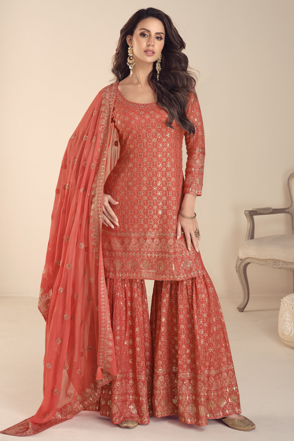 Latest Plazo Design for Wedding in Orange Georgette with Thread and Sequins Work