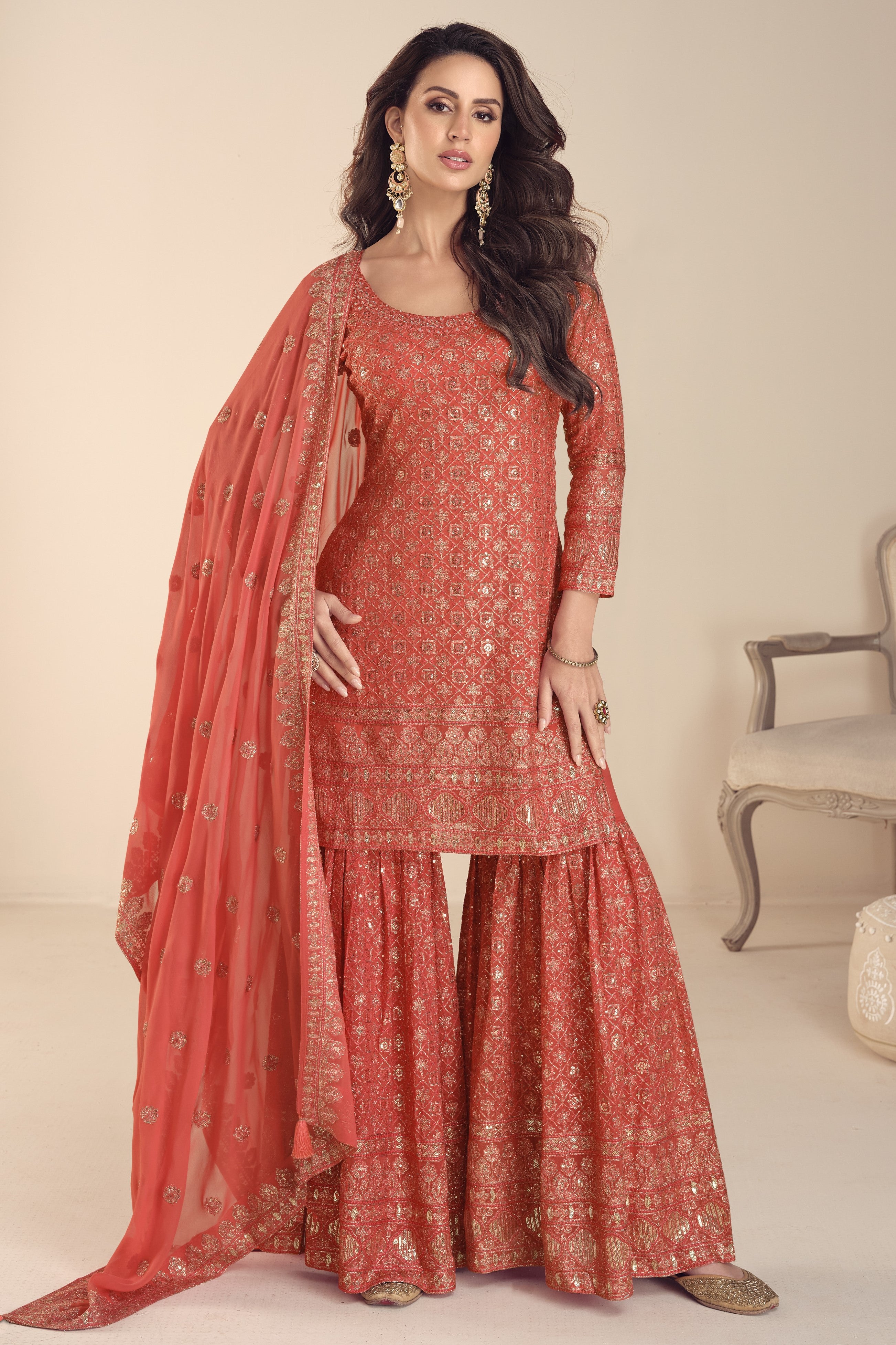 Latest Plazo Design for Wedding in Orange Georgette with Thread and Sequins Work