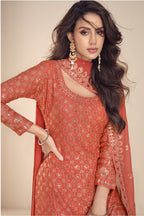 Latest Plazo Design for Wedding in Orange Georgette with Thread and Sequins Work