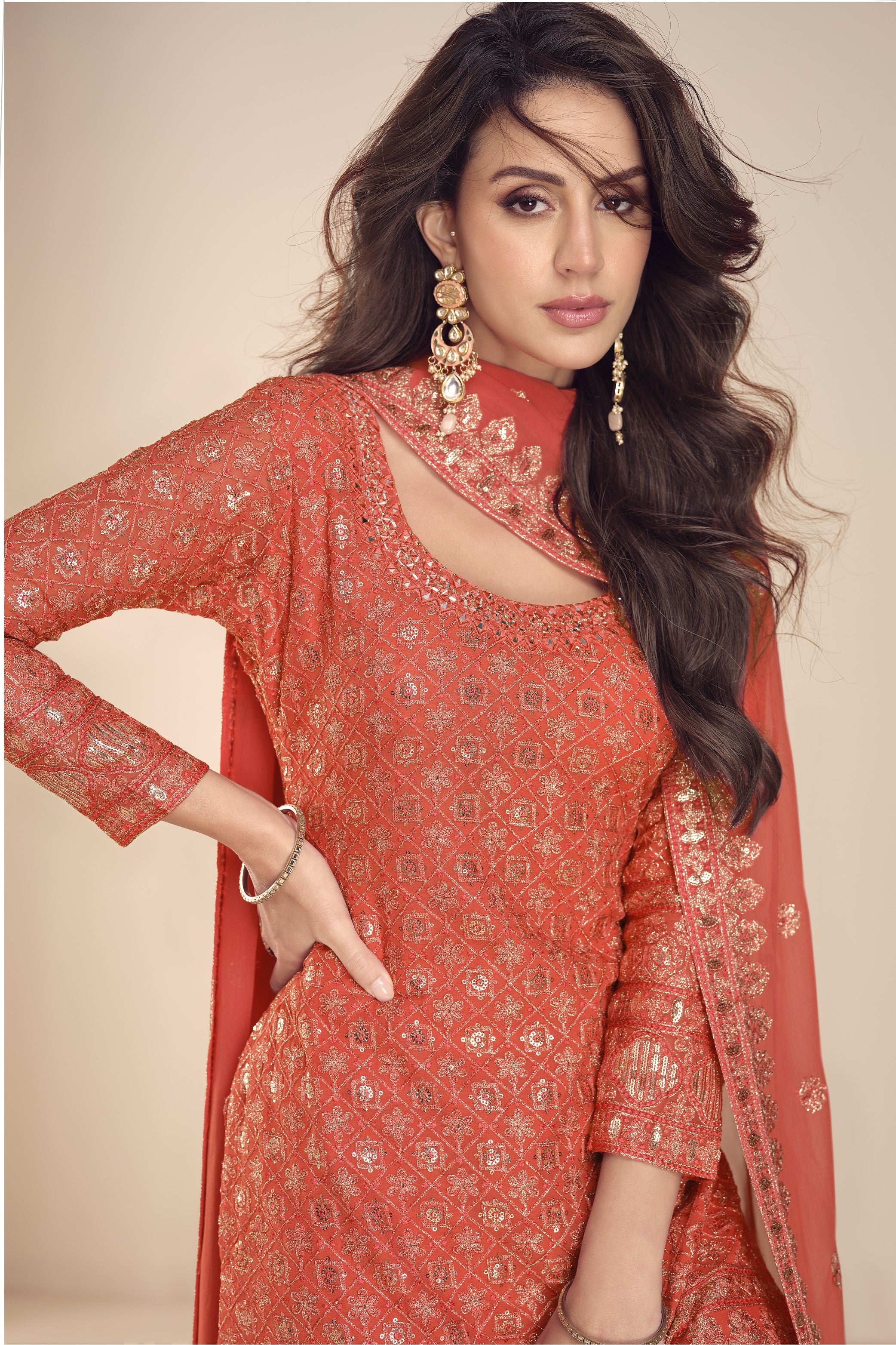 Latest Plazo Design for Wedding in Orange Georgette with Thread and Sequins Work