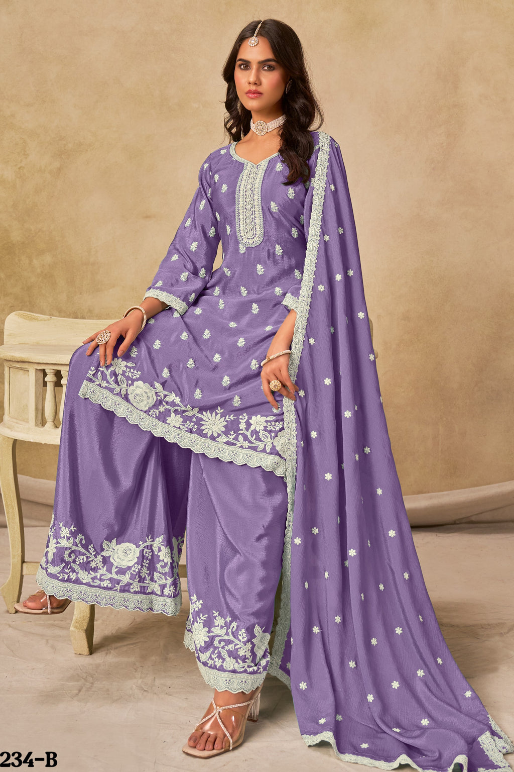 Lavender Chinon Silk Wedding Plazo Dress for Women with Thread Embroidery
