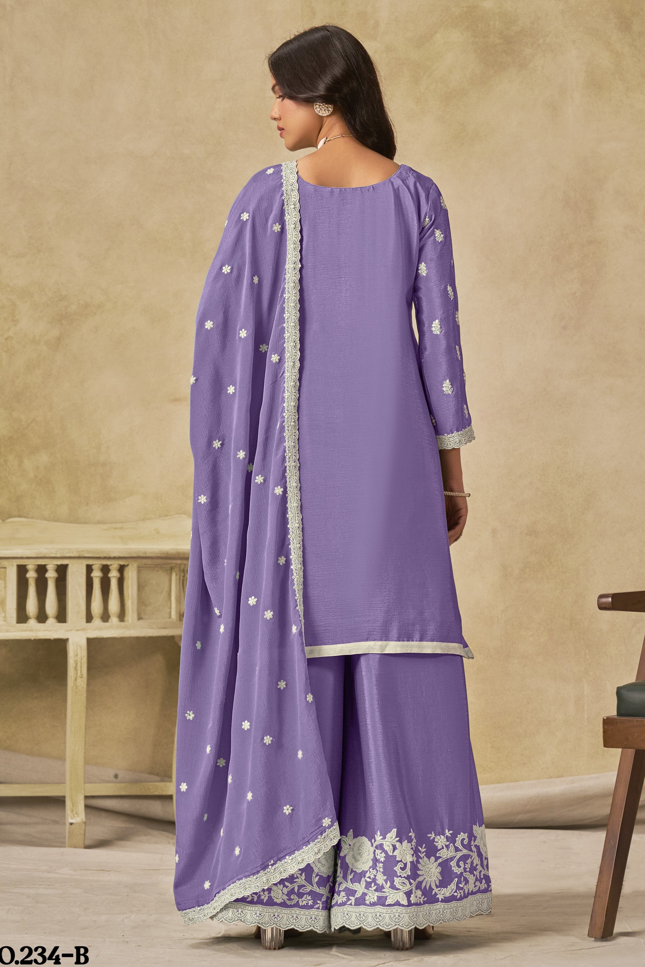 Lavender Chinon Silk Wedding Plazo Dress for Women with Thread Embroidery