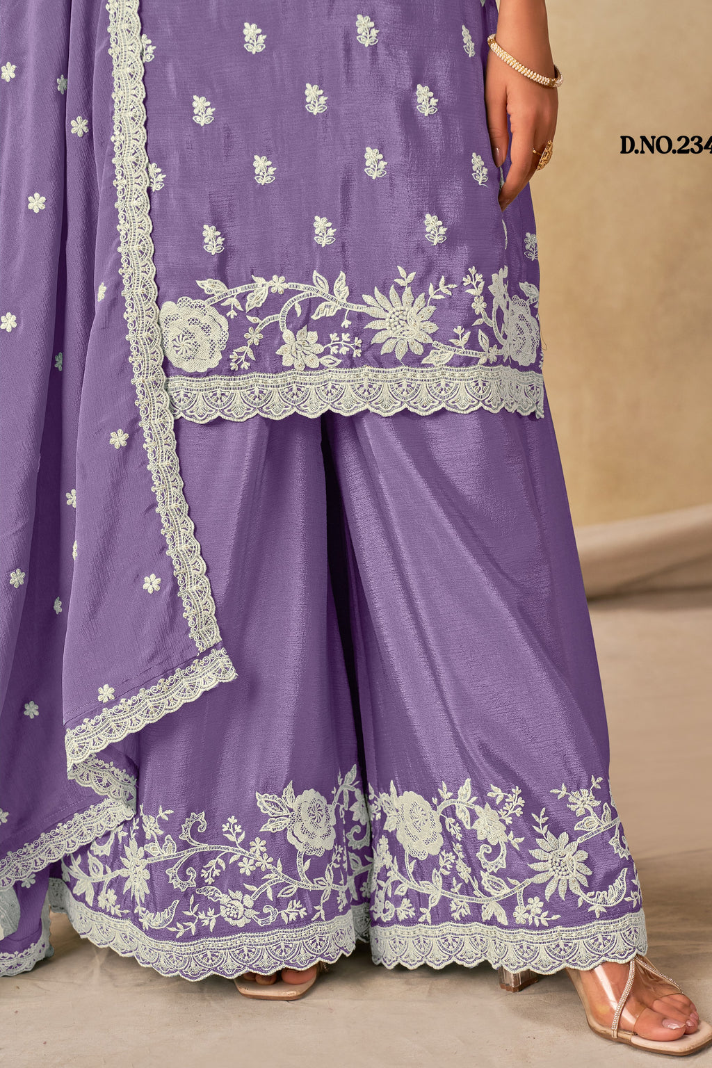 Lavender Chinon Silk Wedding Plazo Dress for Women with Thread Embroidery