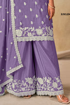 Lavender Chinon Silk Wedding Plazo Dress for Women with Thread Embroidery