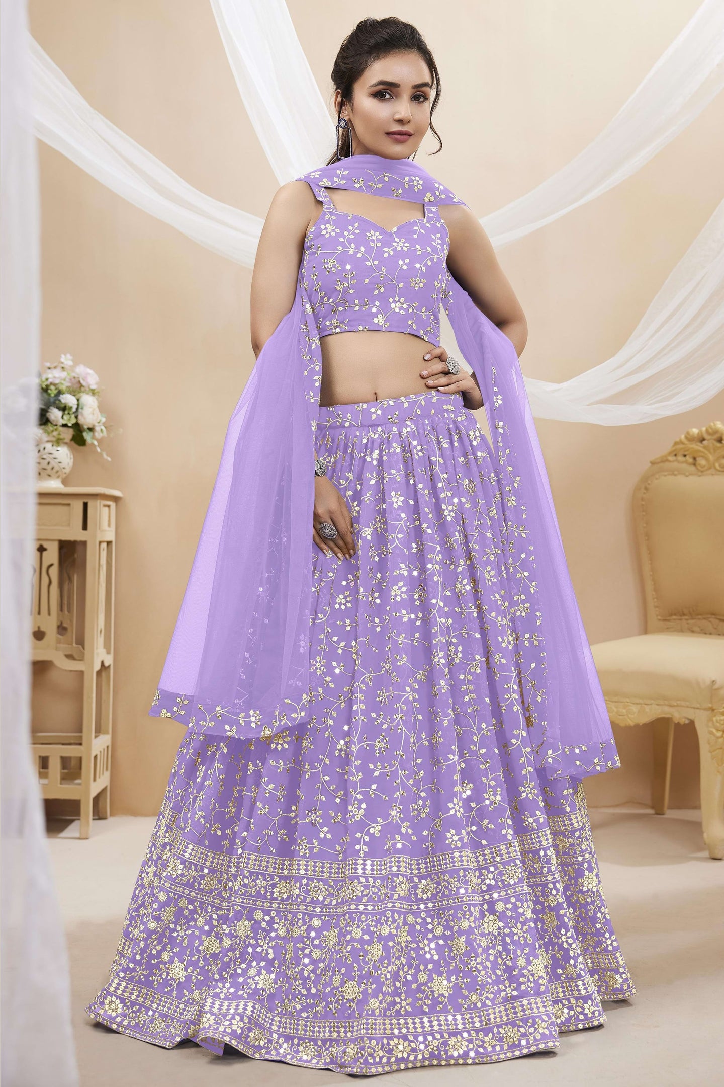 Lavender Georgette Lehenga Choli For Indian & Pakistani Wedding Festival - Sequins & Thread Embroidery Work, Zari Work