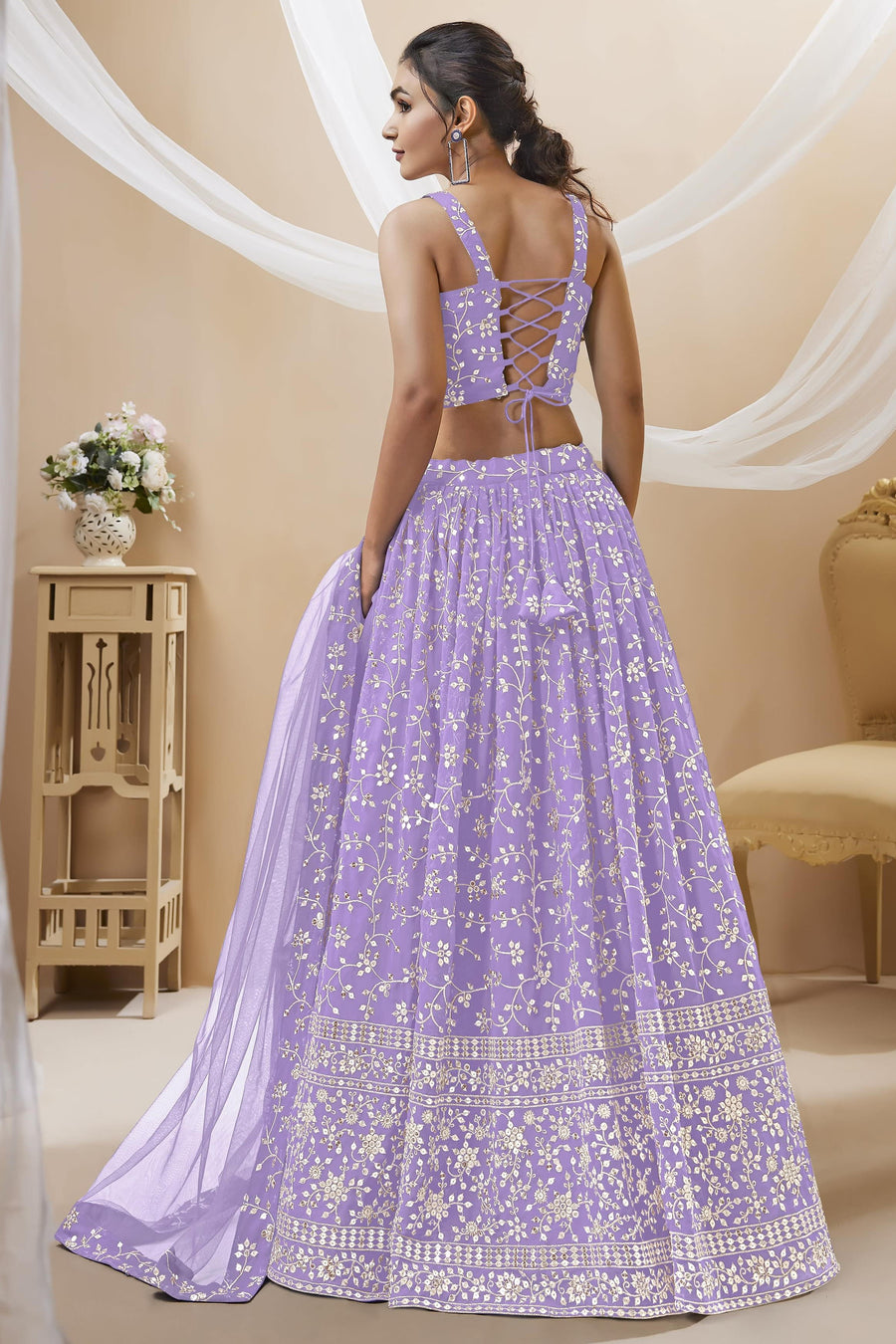Lavender Georgette Lehenga Choli For Indian & Pakistani Wedding Festival - Sequins & Thread Embroidery Work, Zari Work