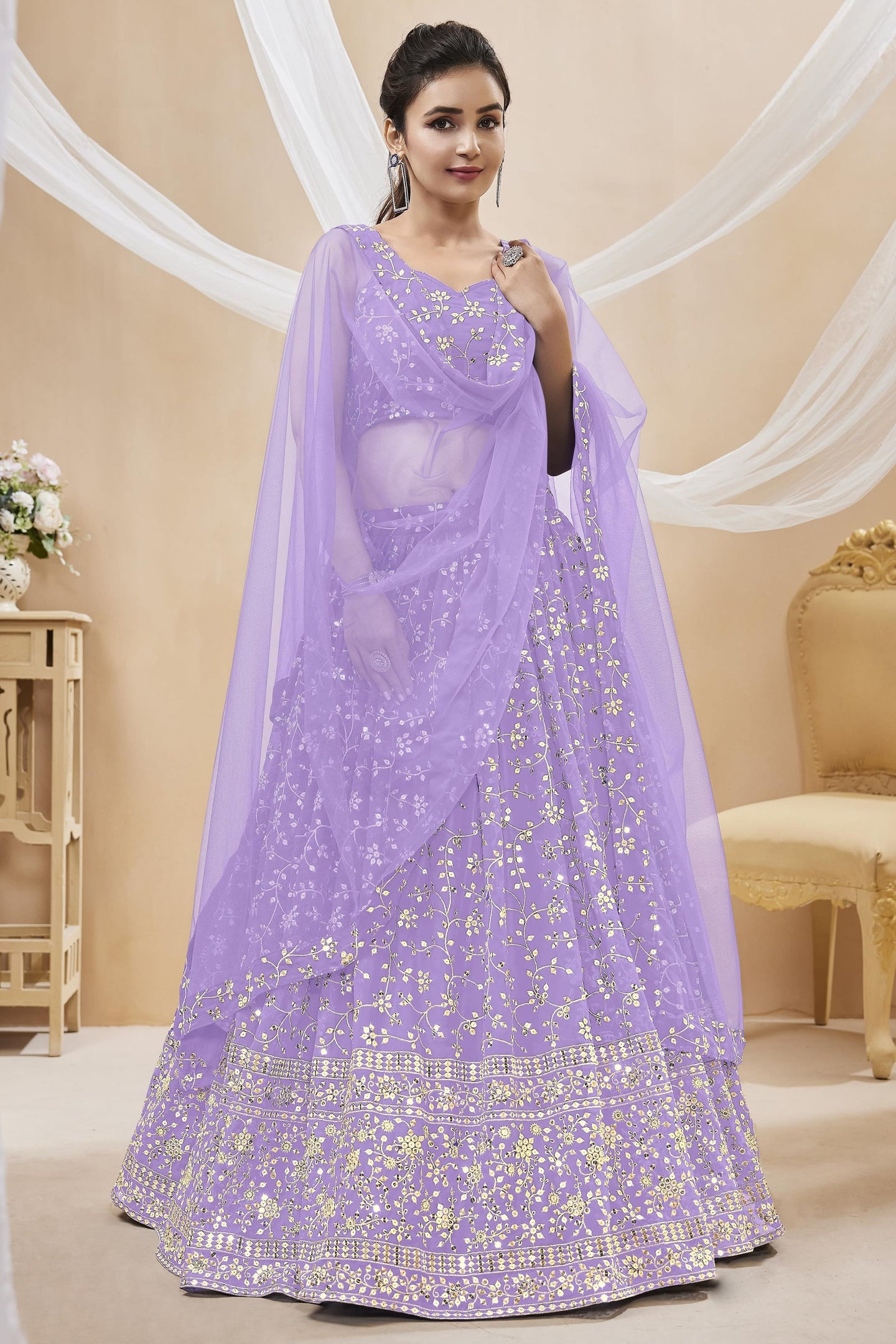 Lavender Georgette Lehenga Choli For Indian & Pakistani Wedding Festival - Sequins & Thread Embroidery Work, Zari Work