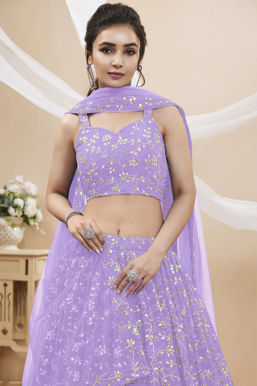 Lavender Georgette Lehenga Choli For Indian & Pakistani Wedding Festival - Sequins & Thread Embroidery Work, Zari Work