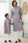 Lavender Gray Art Silk Father Son Matching Combo Indo Western Traditional Sherwani Long Kurta & Pajama Suit for Wedding - Embroidery Work
