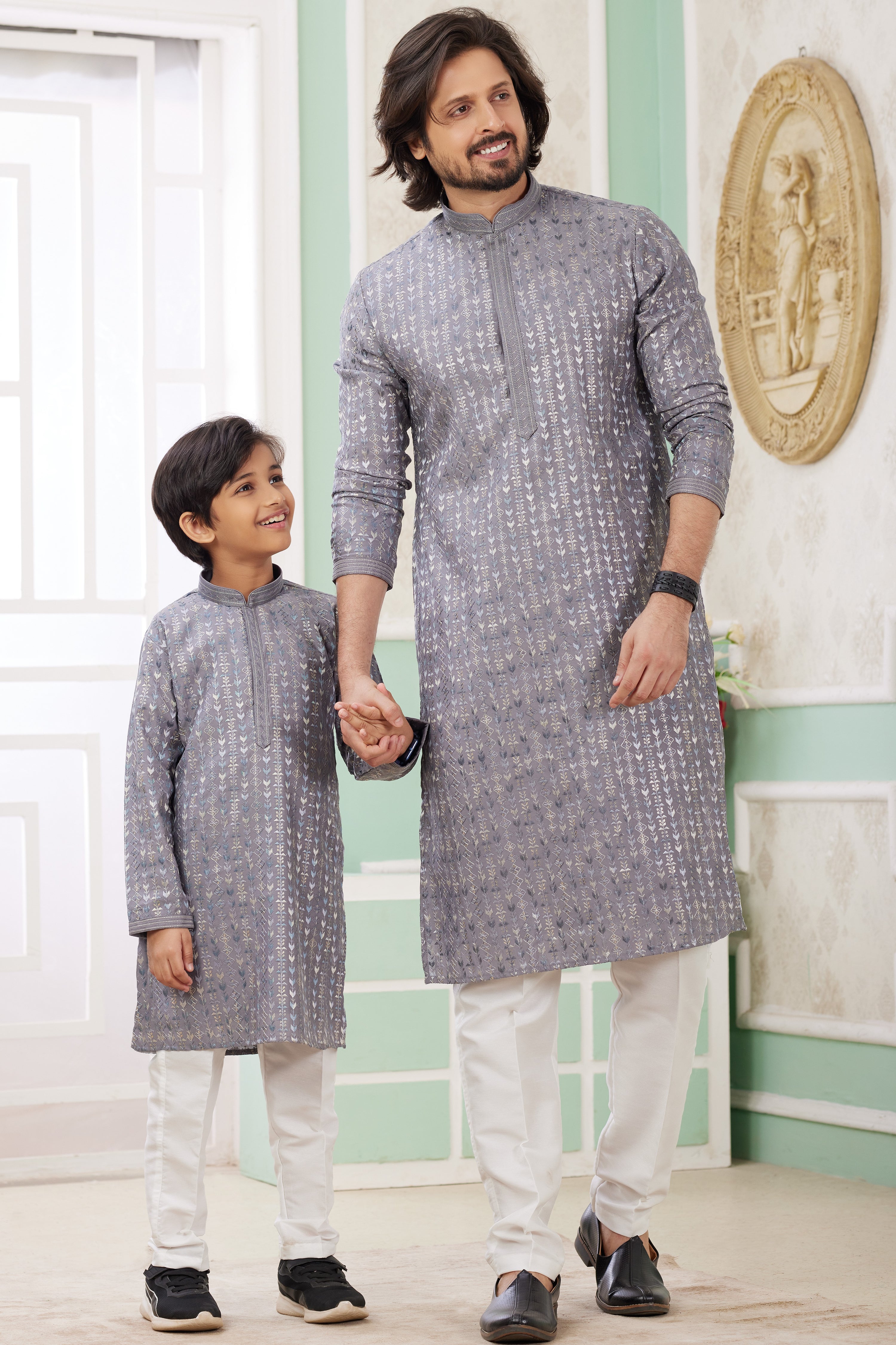 Lavender Gray Art Silk Father Son Matching Combo Indo Western Traditional Sherwani Long Kurta & Pajama Suit for Wedding - Embroidery Work