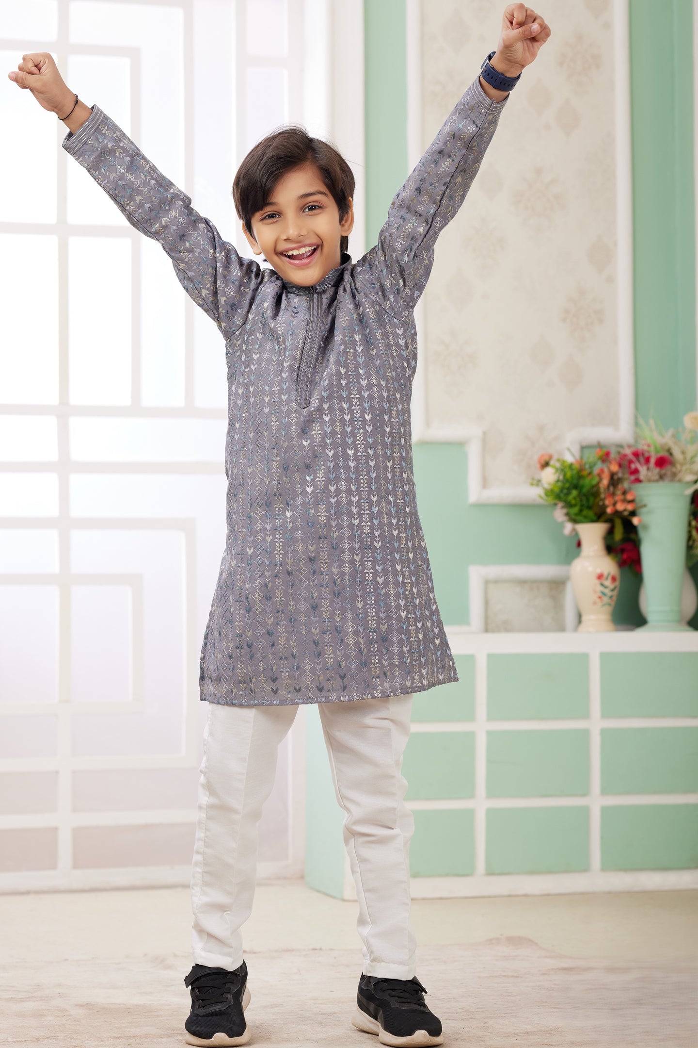 Lavender Gray Art Silk Father Son Matching Combo Indo Western Traditional Sherwani Long Kurta & Pajama Suit for Wedding - Embroidery Work