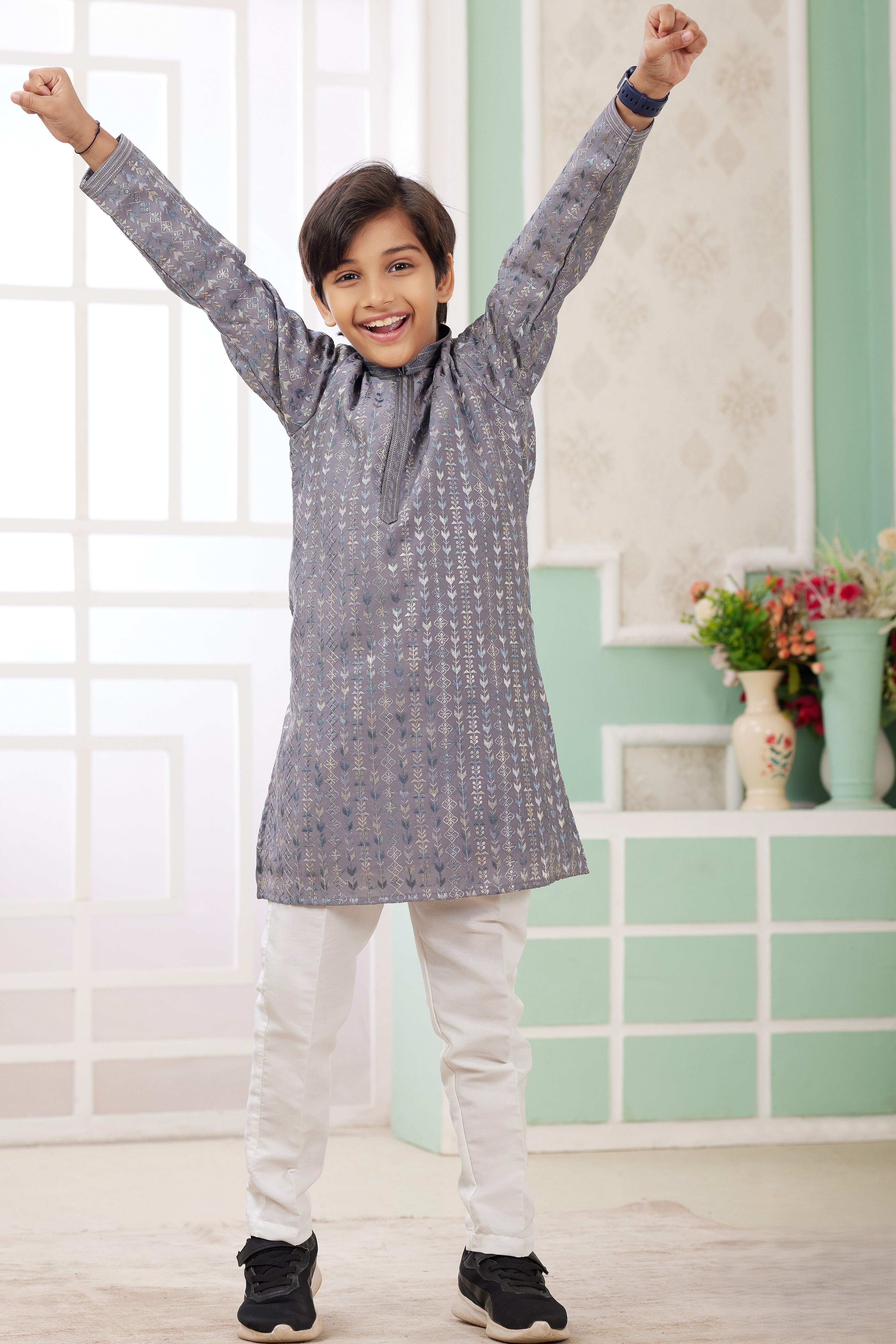 Lavender Gray Art Silk Father Son Matching Combo Indo Western Traditional Sherwani Long Kurta & Pajama Suit for Wedding - Embroidery Work