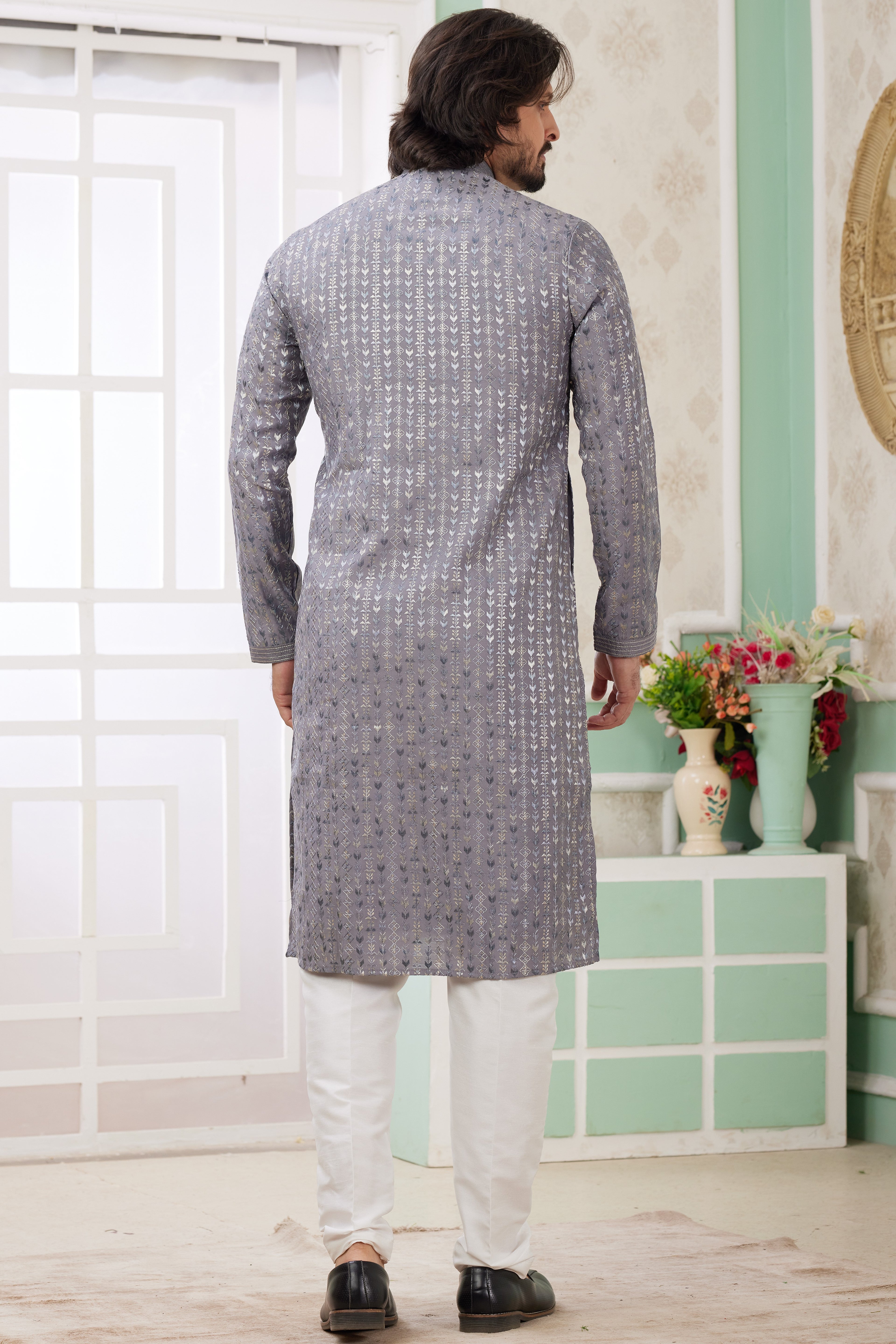Lavender Gray Art Silk Father Son Matching Combo Indo Western Traditional Sherwani Long Kurta & Pajama Suit for Wedding - Embroidery Work