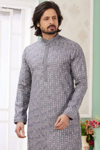 Lavender Gray Art Silk Father Son Matching Combo Indo Western Traditional Sherwani Long Kurta & Pajama Suit for Wedding - Embroidery Work