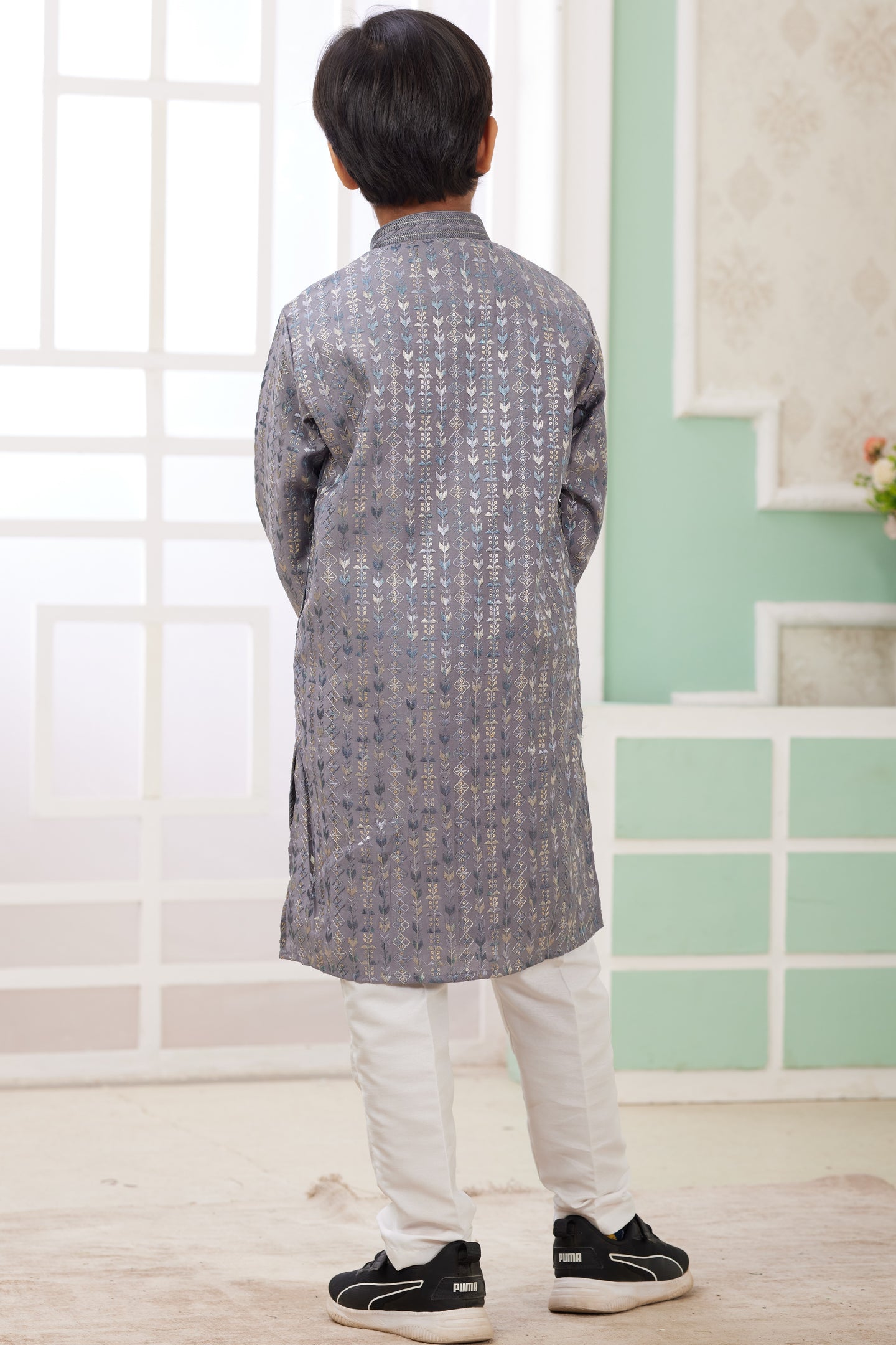 Lavender Gray Art Silk Father Son Matching Combo Indo Western Traditional Sherwani Long Kurta & Pajama Suit for Wedding - Embroidery Work