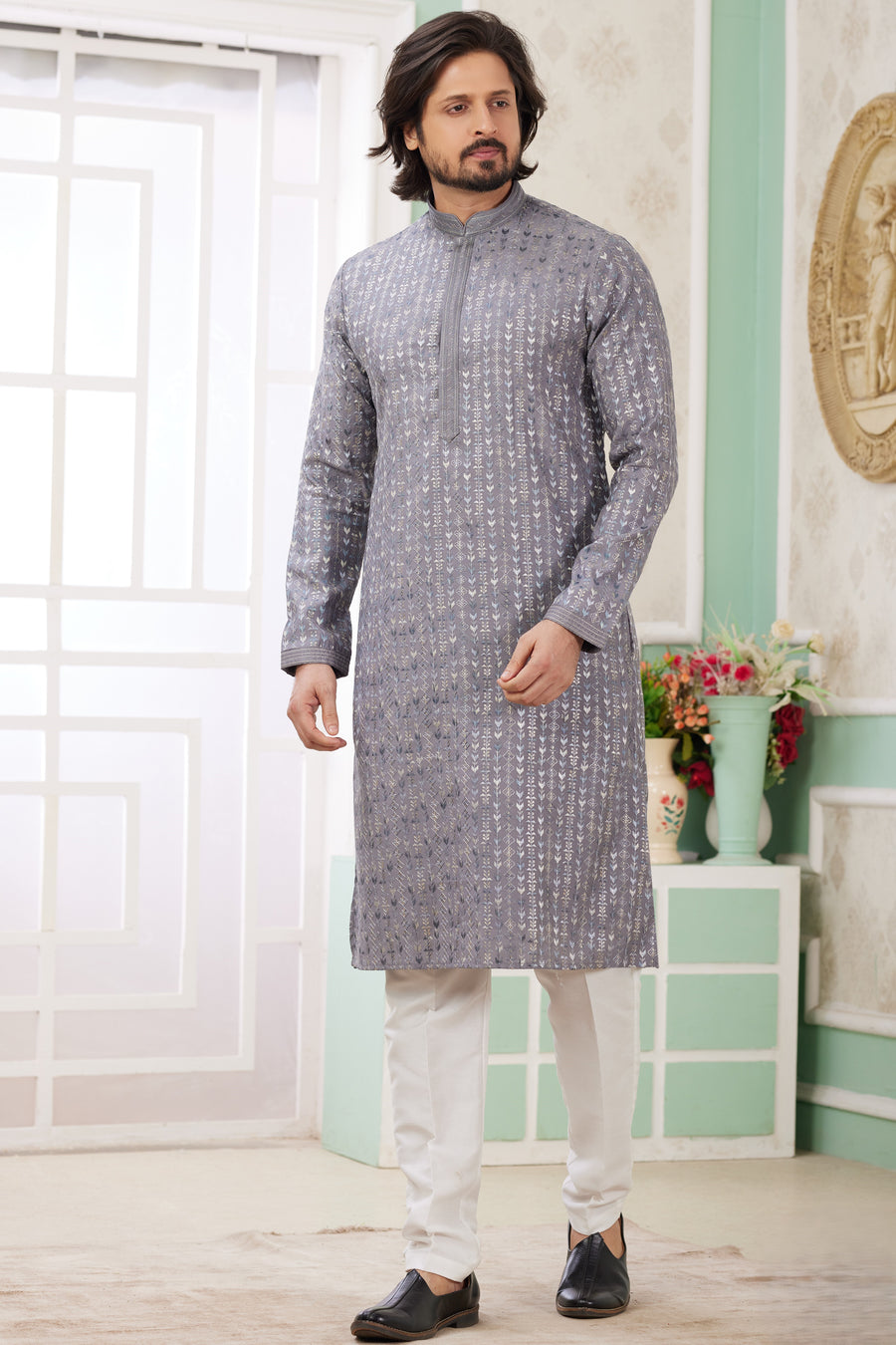 Lavender Gray Art Silk Father Son Matching Combo Indo Western Traditional Sherwani Long Kurta & Pajama Suit for Wedding - Embroidery Work