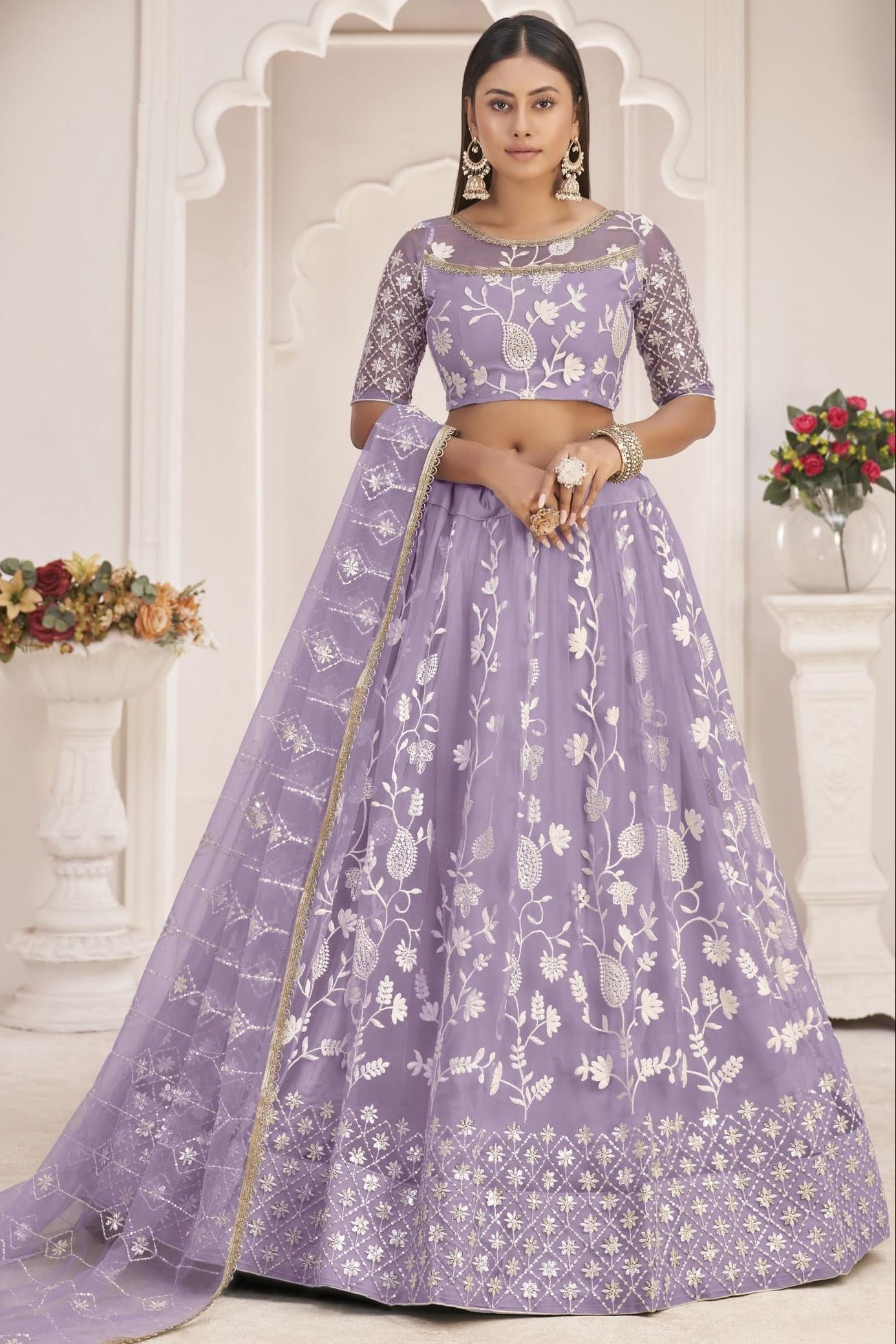 Lavender Net Lehenga Choli For Indian & Pakistani Wedding Festival - Zari Work, Thread & Sequins Embroidery Work