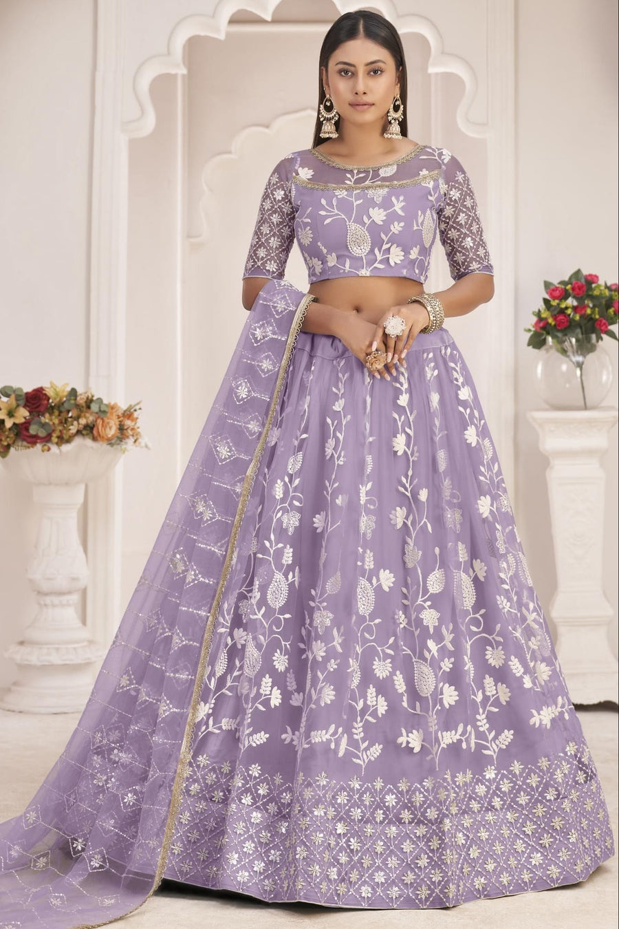 Lavender Net Lehenga Choli For Indian & Pakistani Wedding Festival - Zari Work, Thread & Sequins Embroidery Work