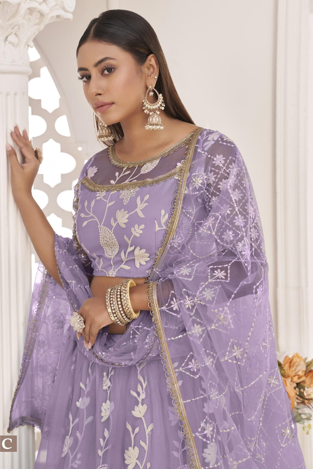 Lavender Net Lehenga Choli For Indian & Pakistani Wedding Festival - Zari Work, Thread & Sequins Embroidery Work