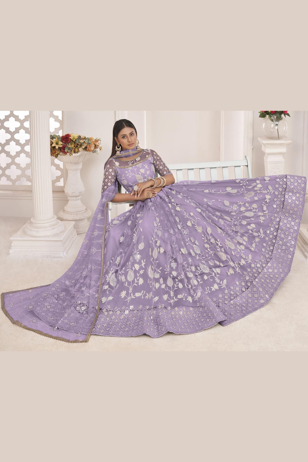 Lavender Net Lehenga Choli For Indian & Pakistani Wedding Festival - Zari Work, Thread & Sequins Embroidery Work