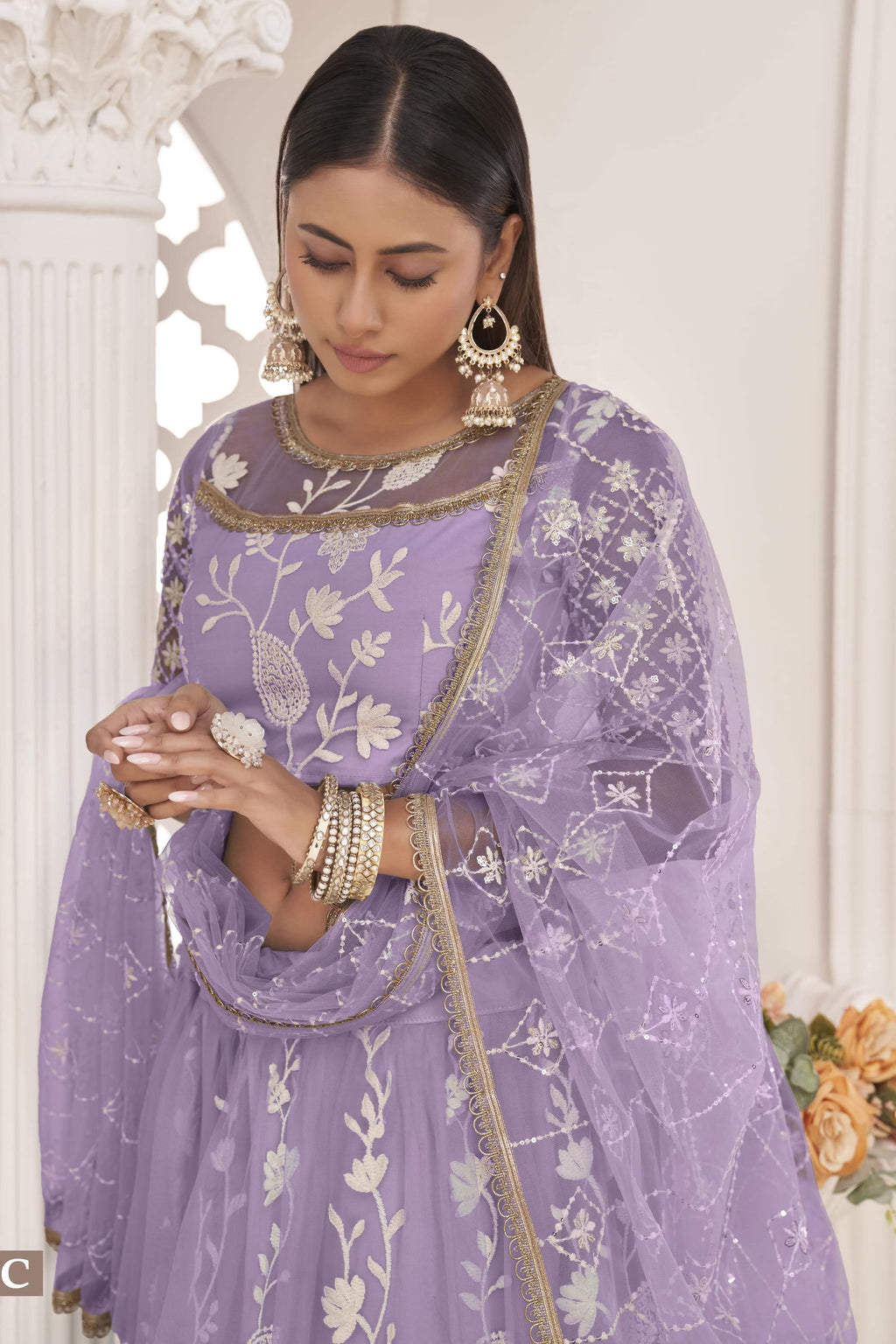 Lavender Net Lehenga Choli For Indian & Pakistani Wedding Festival - Zari Work, Thread & Sequins Embroidery Work