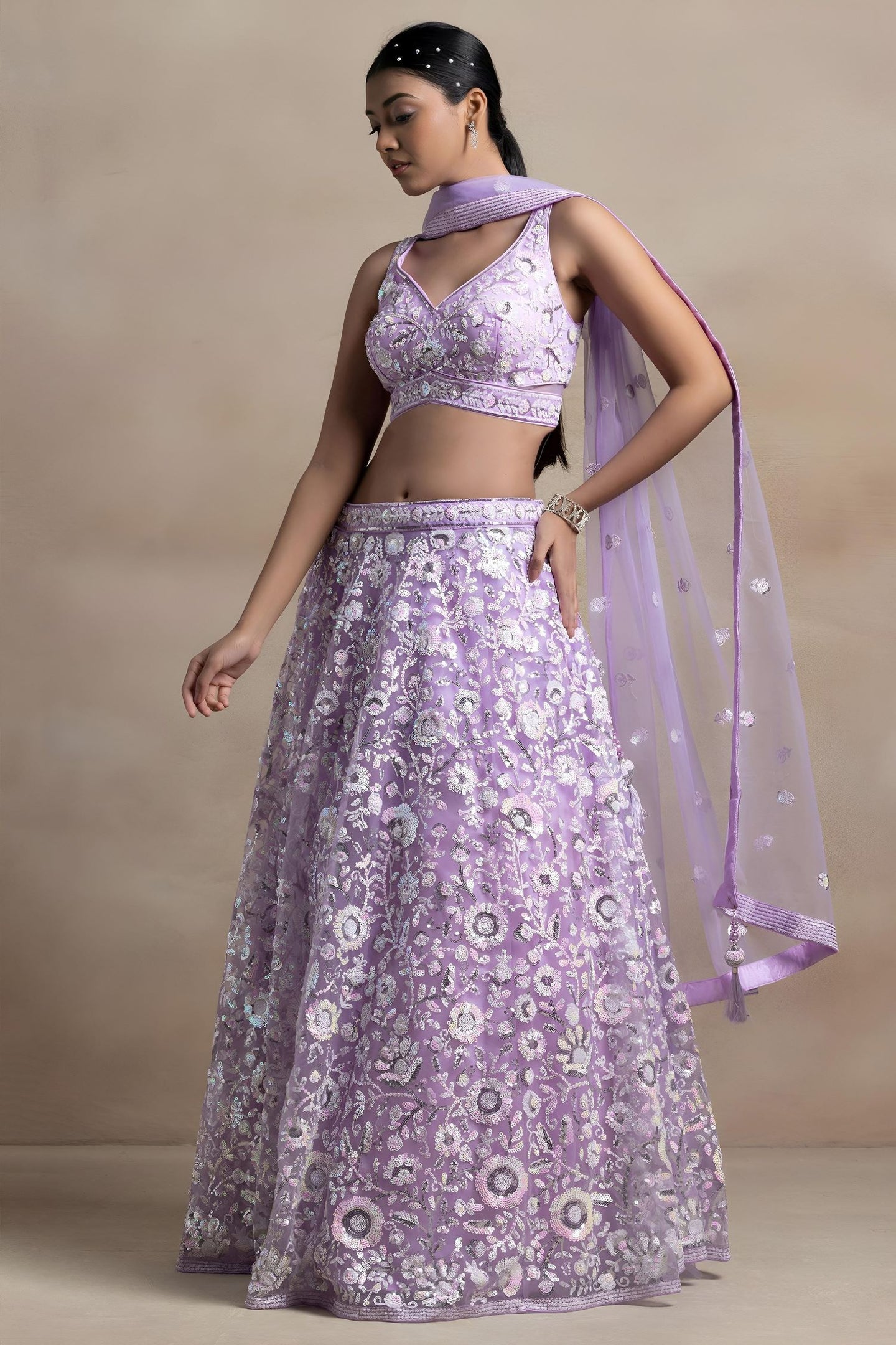 Lavender Net Pastel Lehenga Choli with Sequins and Thread Embroidery