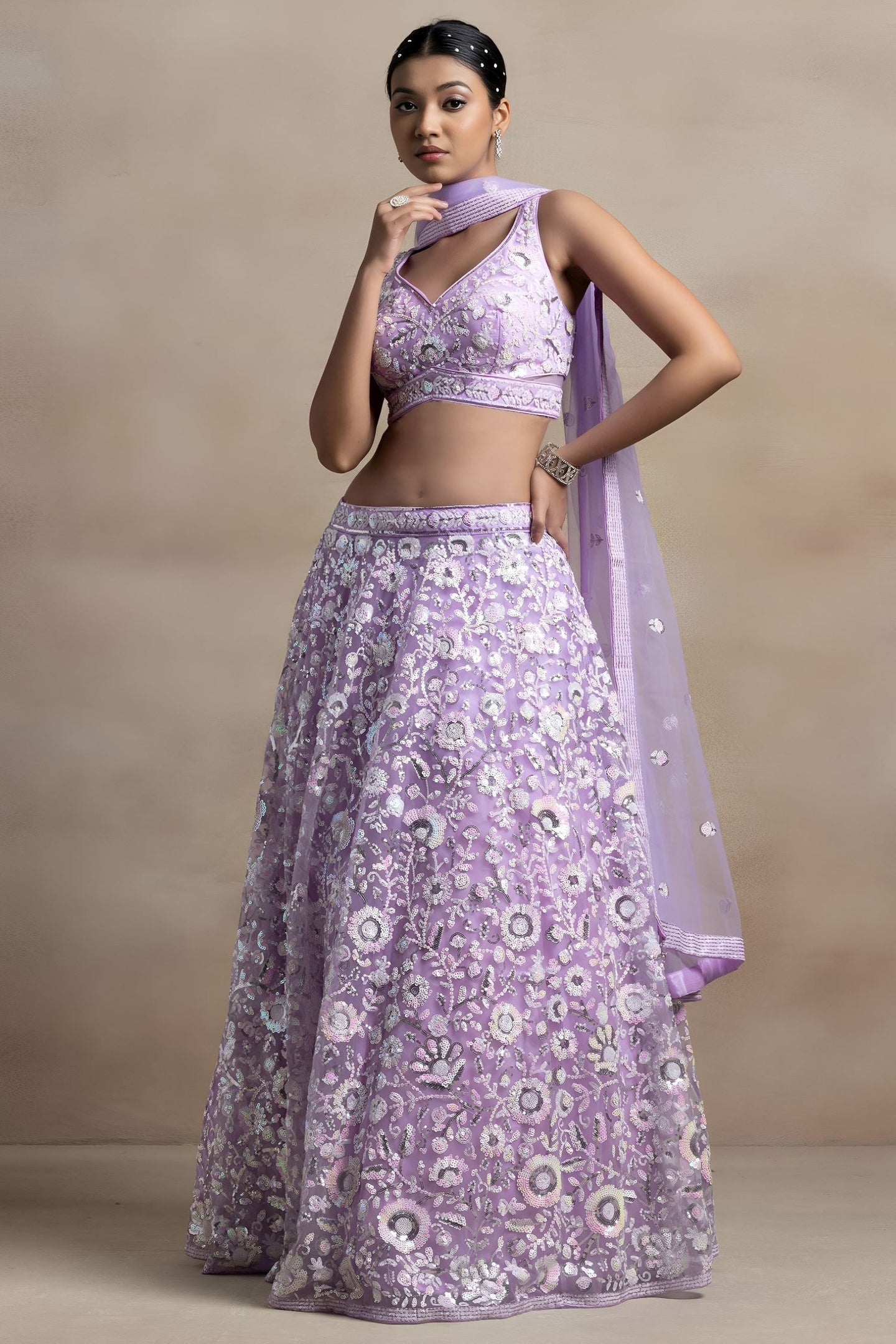 Lavender Net Pastel Lehenga Choli with Sequins and Thread Embroidery
