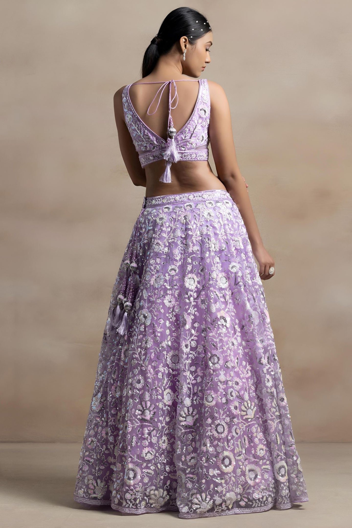 Lavender Net Pastel Lehenga Choli with Sequins and Thread Embroidery