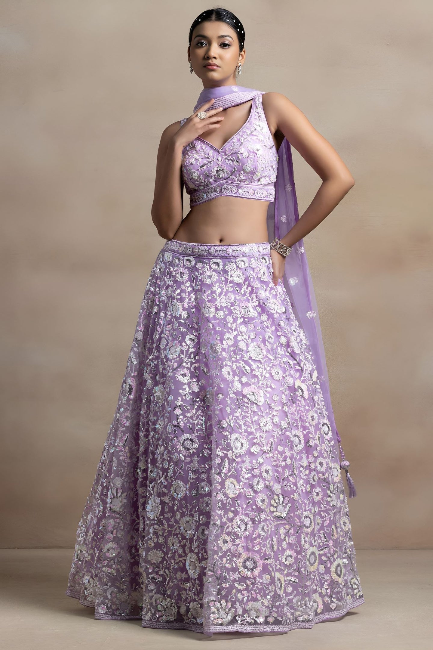 Lavender Net Pastel Lehenga Choli with Sequins and Thread Embroidery