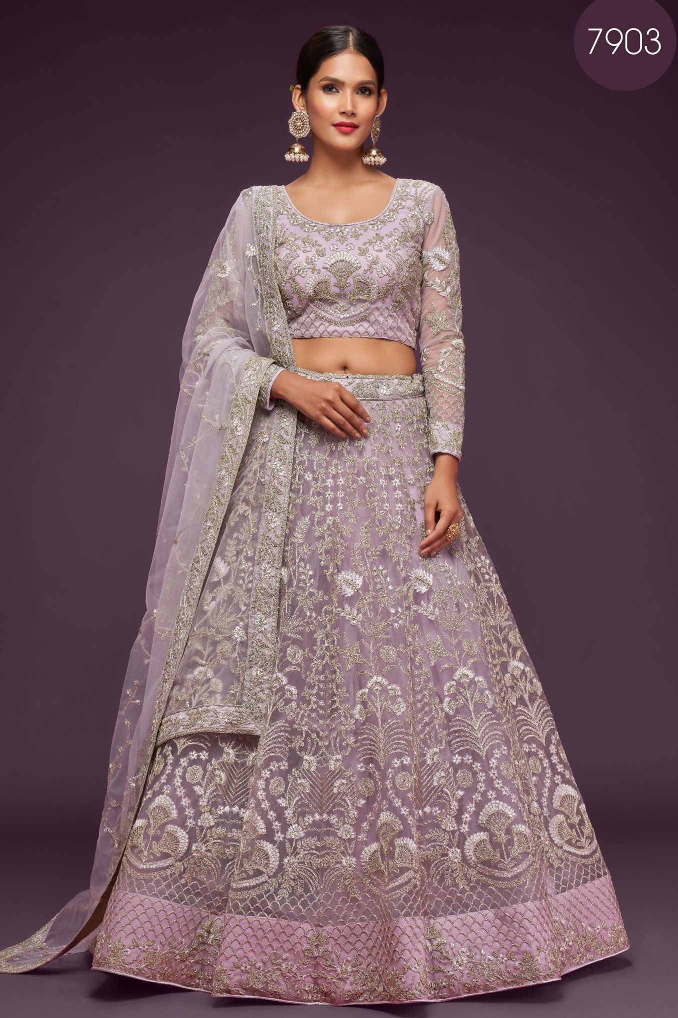 Lavender Net Pastel Lehenga with Intricate Zari and Thread Work