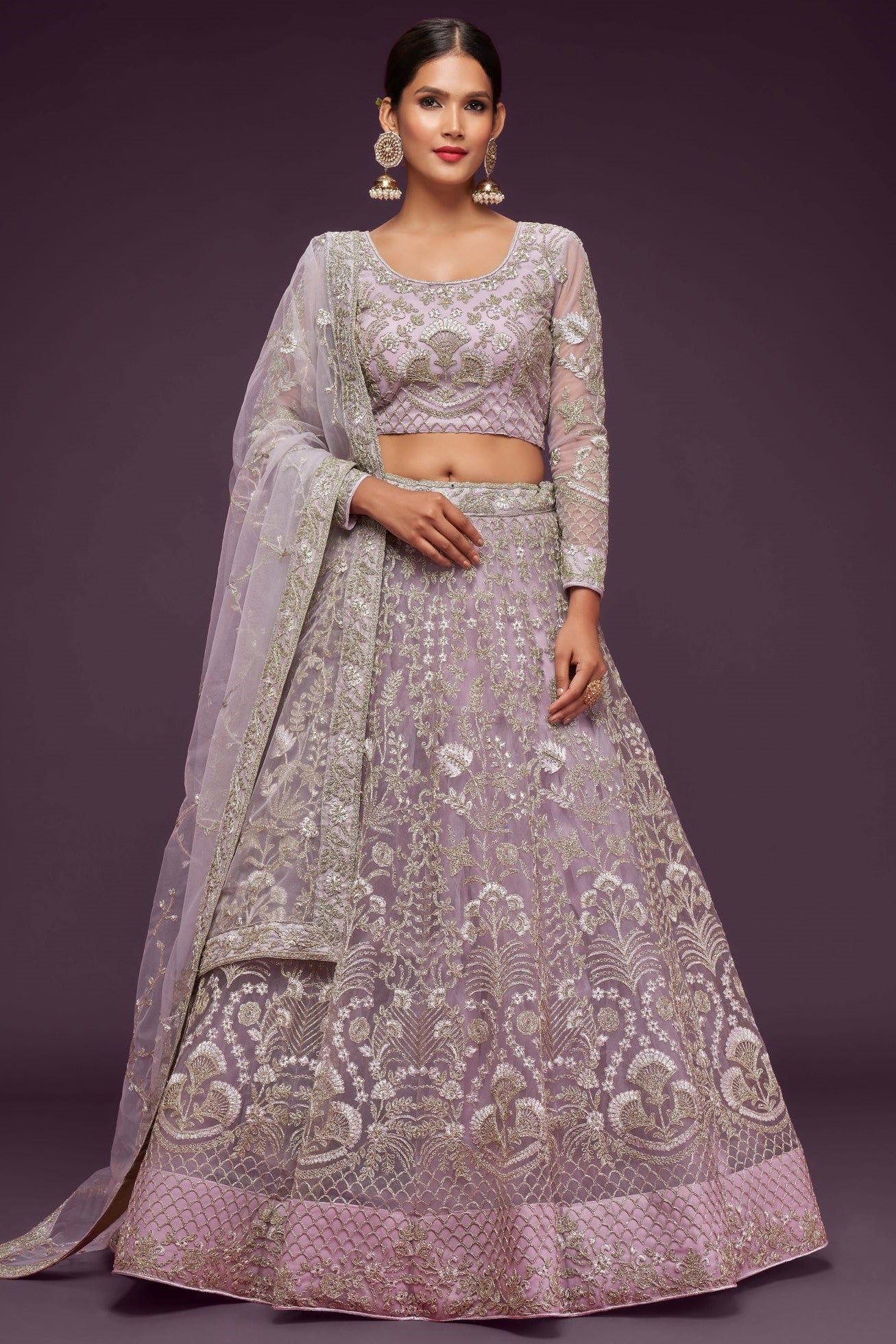 Lavender Net Pastel Lehenga with Intricate Zari and Thread Work