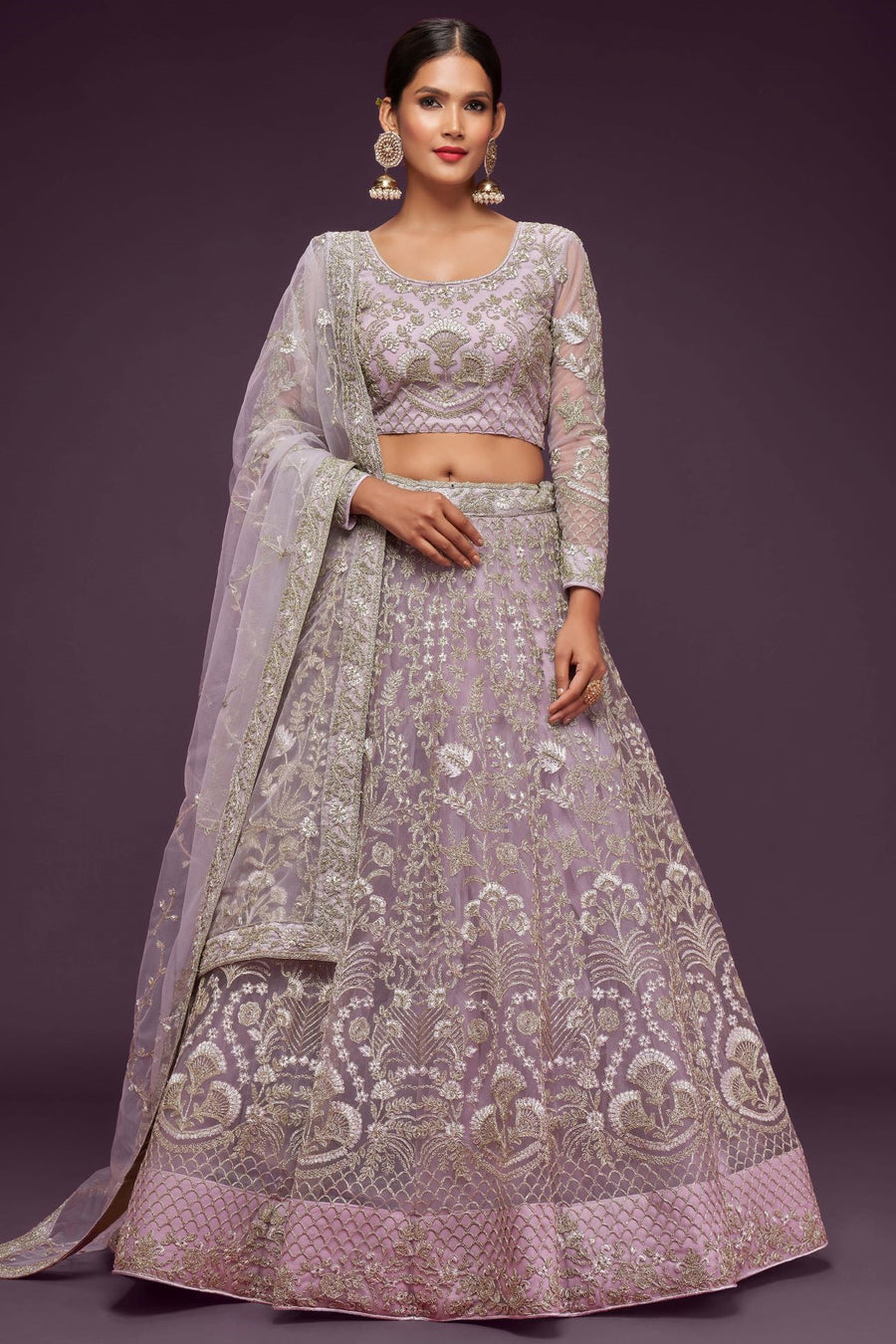 Lavender Net Pastel Lehenga with Intricate Zari and Thread Work