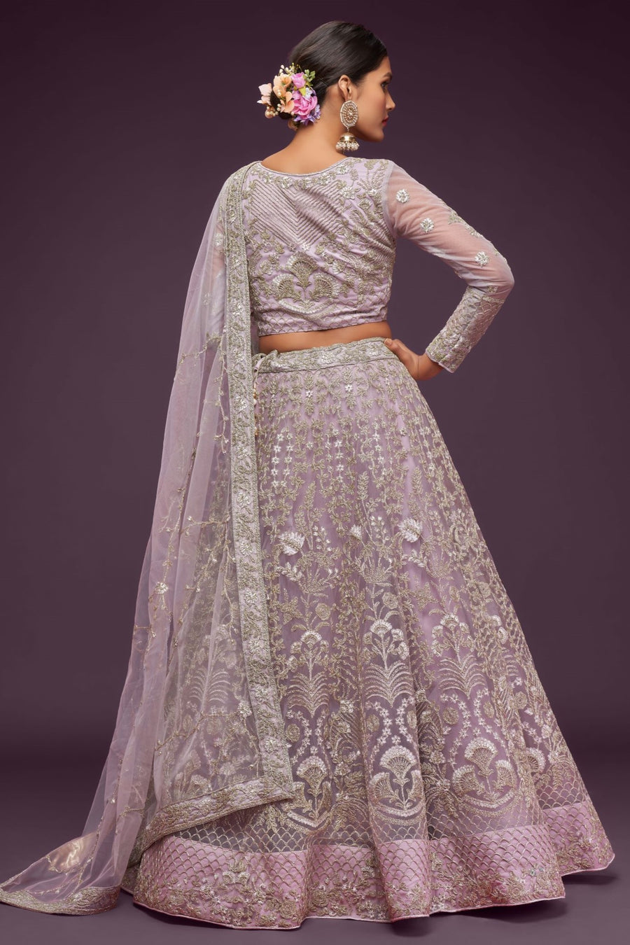 Lavender Net Pastel Lehenga with Intricate Zari and Thread Work