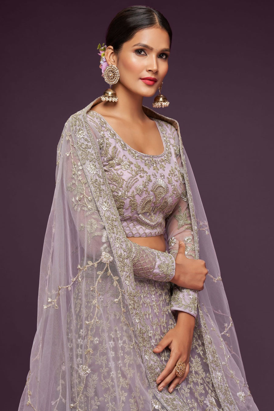 Lavender Net Pastel Lehenga with Intricate Zari and Thread Work