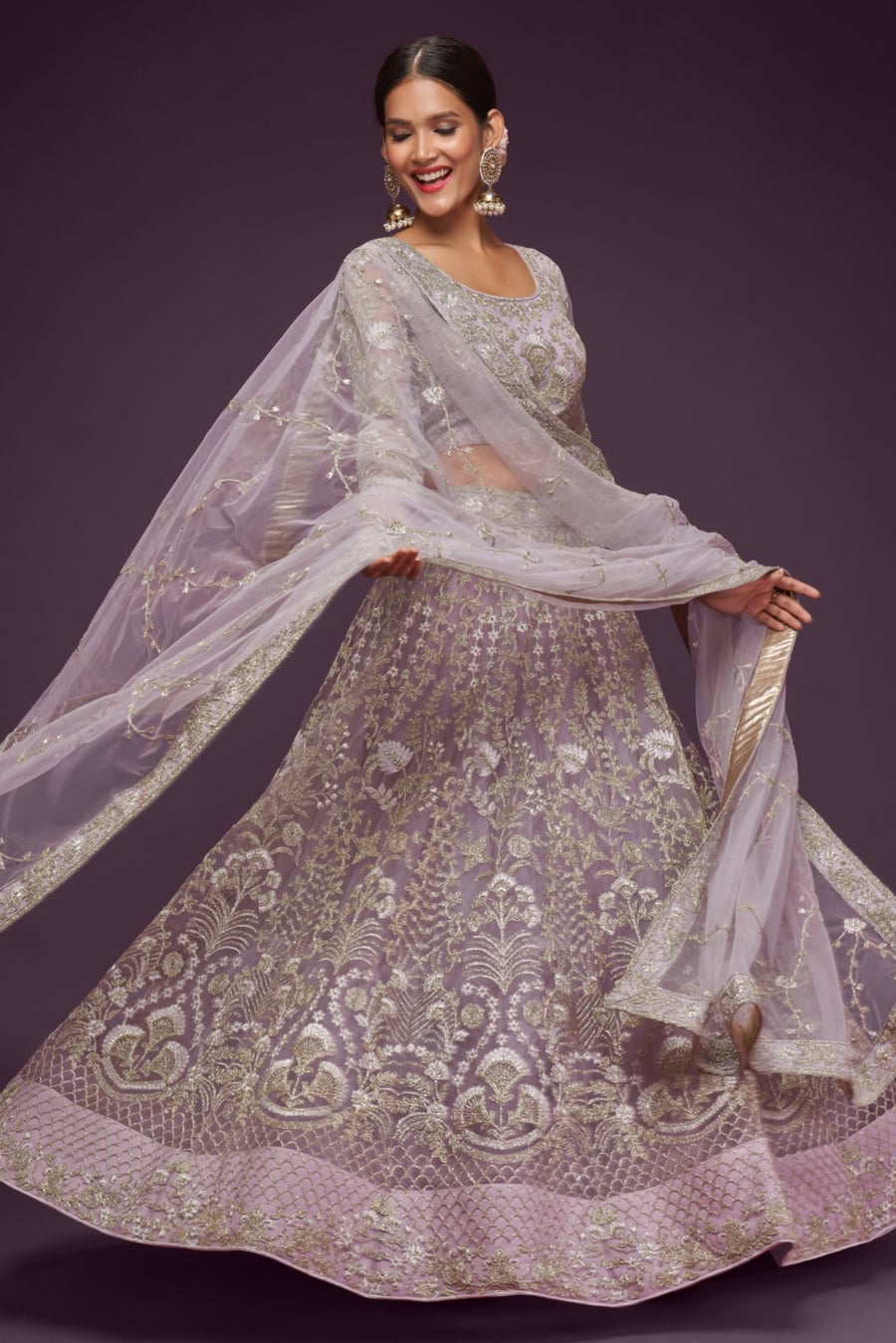 Lavender Net Pastel Lehenga with Intricate Zari and Thread Work