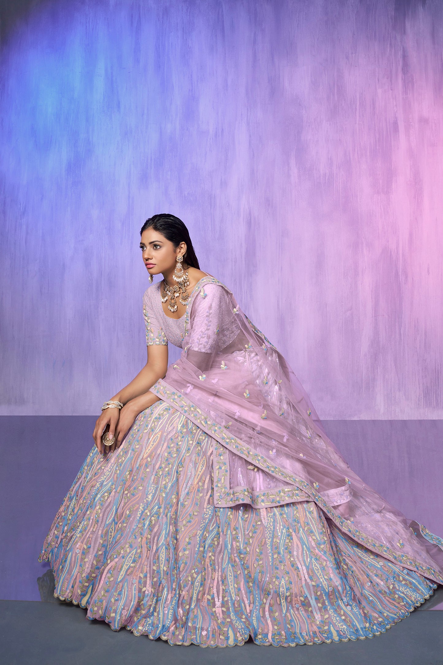 Lavender Pakistani Organza Lehenga Choli For Indian Festivals & Weddings - Embroidery Work,