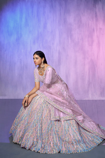 Lavender Pakistani Organza Lehenga Choli For Indian Festivals & Weddings - Embroidery Work,