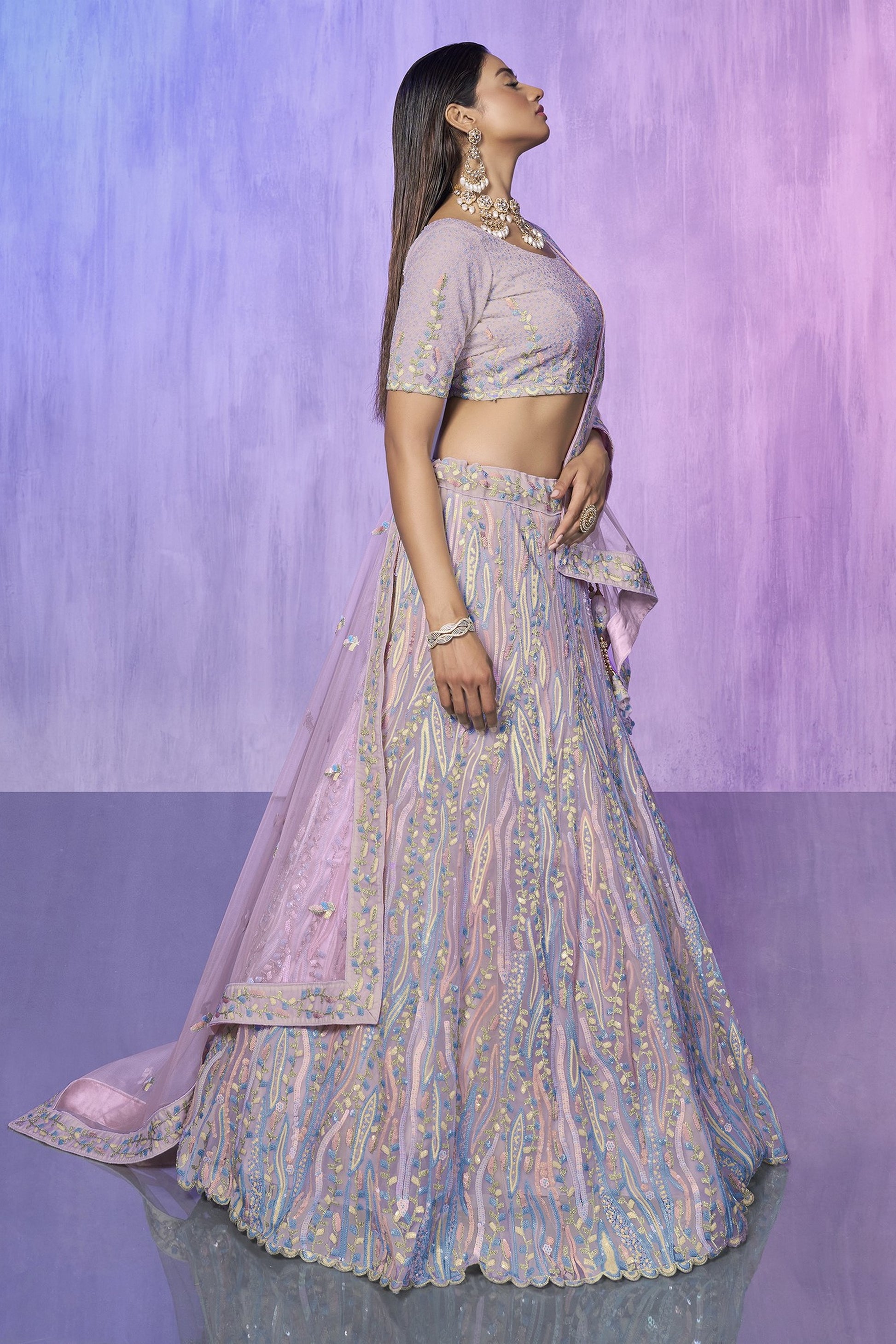 Lavender Pakistani Organza Lehenga Choli For Indian Festivals & Weddings - Embroidery Work,