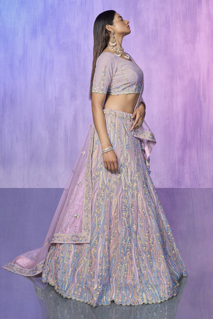 Lavender Pakistani Organza Lehenga Choli For Indian Festivals & Weddings - Embroidery Work,