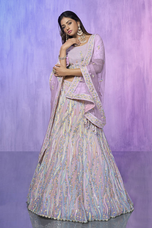 Lavender Pakistani Organza Lehenga Choli For Indian Festivals & Weddings - Embroidery Work,