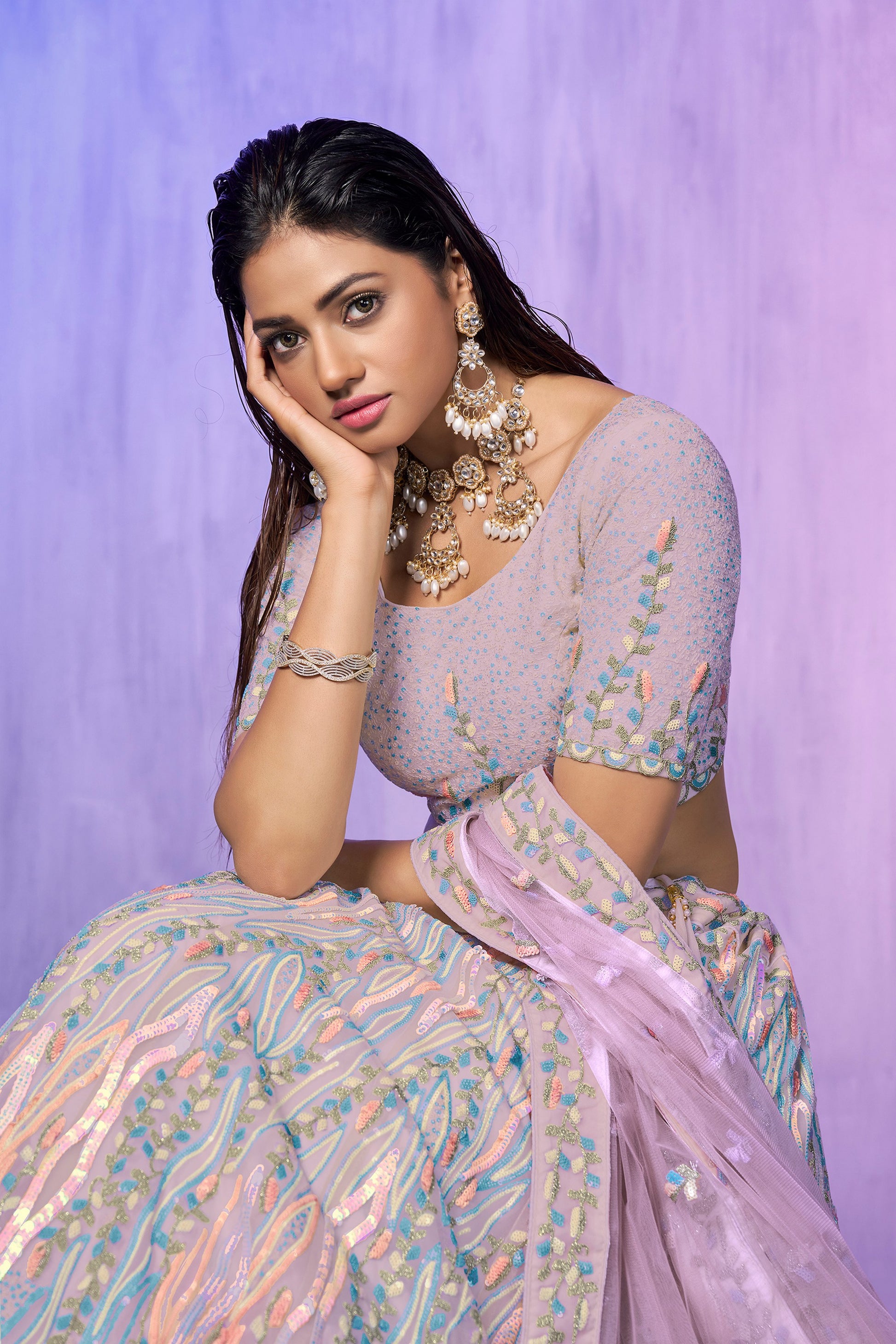 Lavender Pakistani Organza Lehenga Choli For Indian Festivals & Weddings - Embroidery Work,