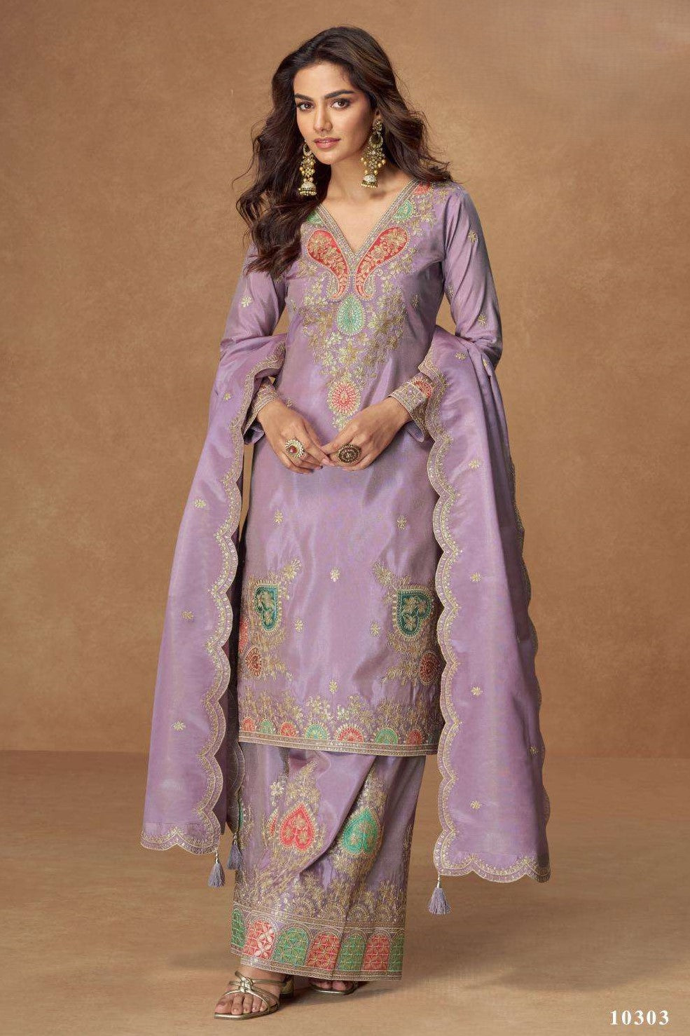 Lavender Simmer Silk Indian Palazzo Suits Online - Thread & Sequins