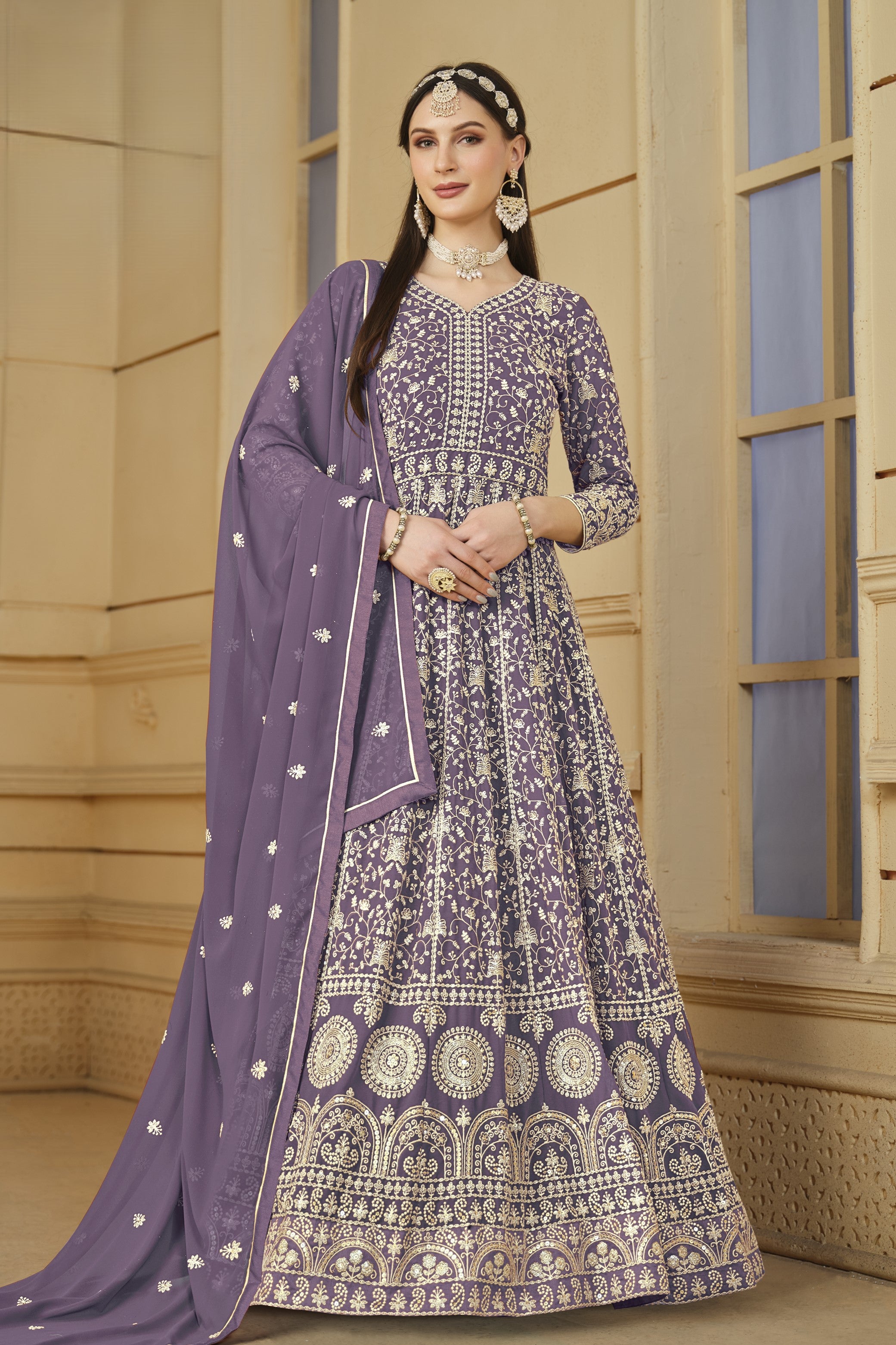 Lavender Georgette Thread Work Anarkali for Wedding Function