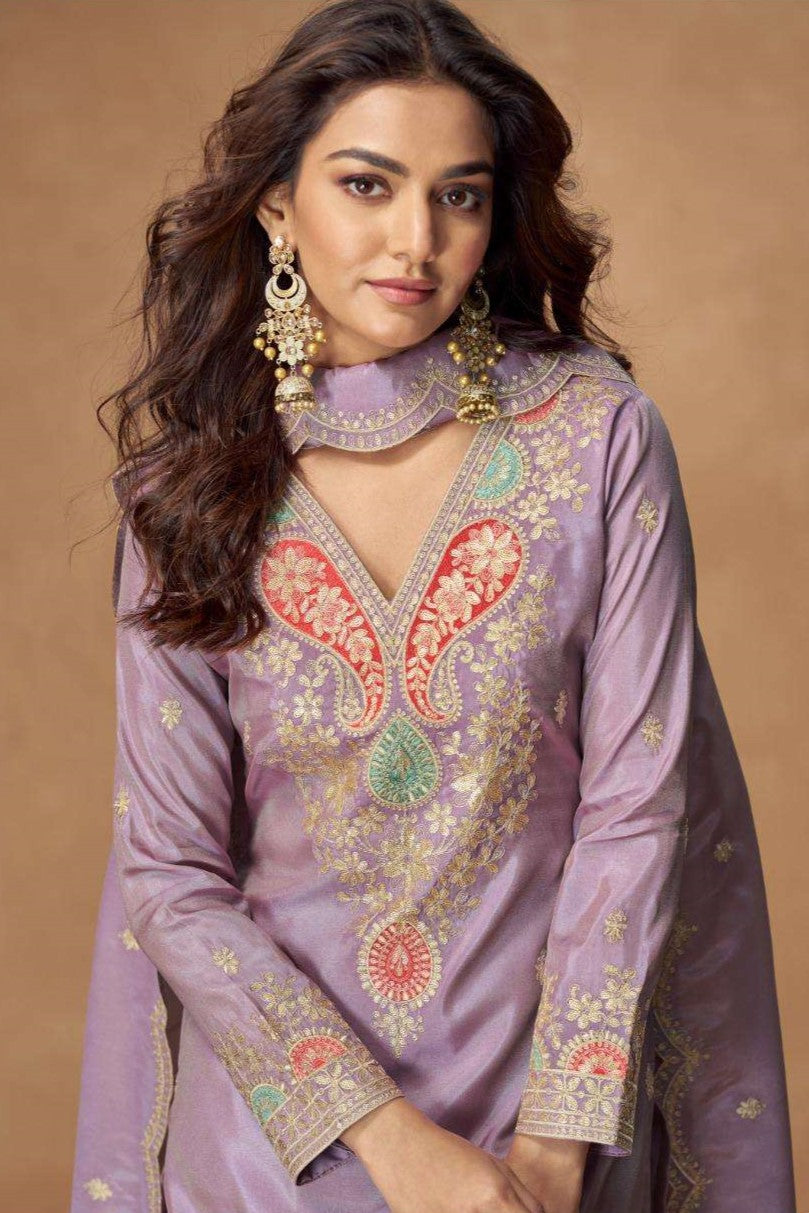 Lavender Simmer Silk Indian Palazzo Suits Online - Thread & Sequins