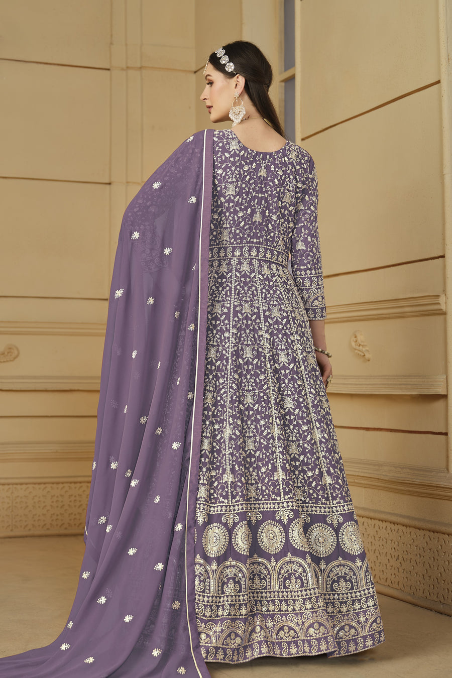 Lavender Georgette Thread Work Anarkali for Wedding Function