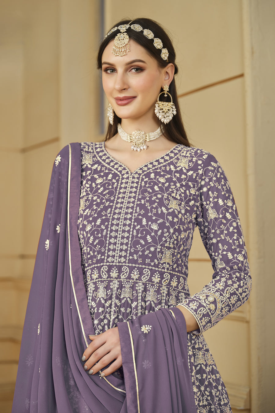 Lavender Georgette Thread Work Anarkali for Wedding Function