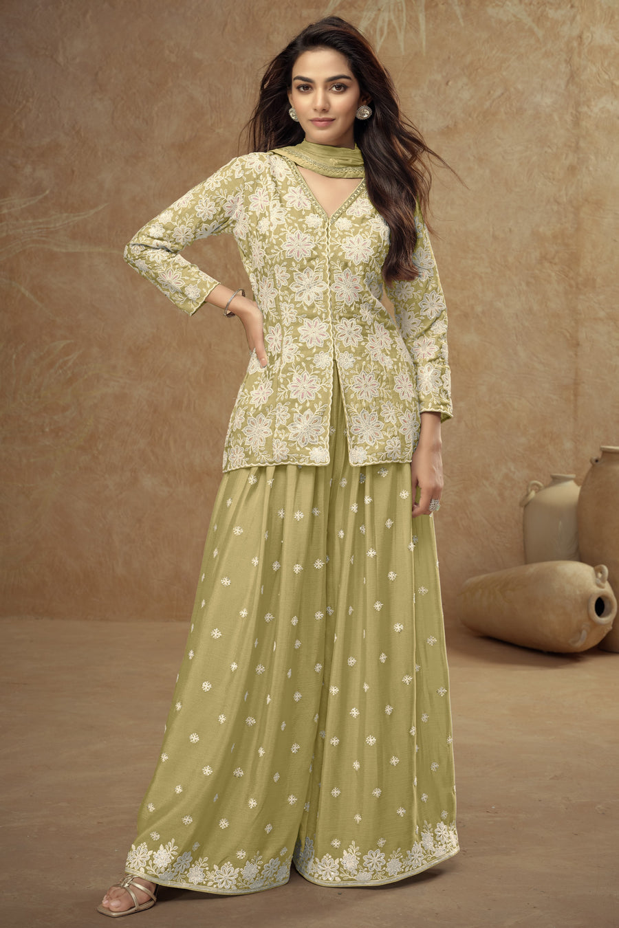 Lemon Chinon Silk Pastel Indian Plazo Suit with Thread Embroidery