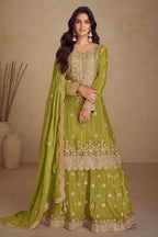 Green Chinon Silk Plazo Dress for Women with Embroidery