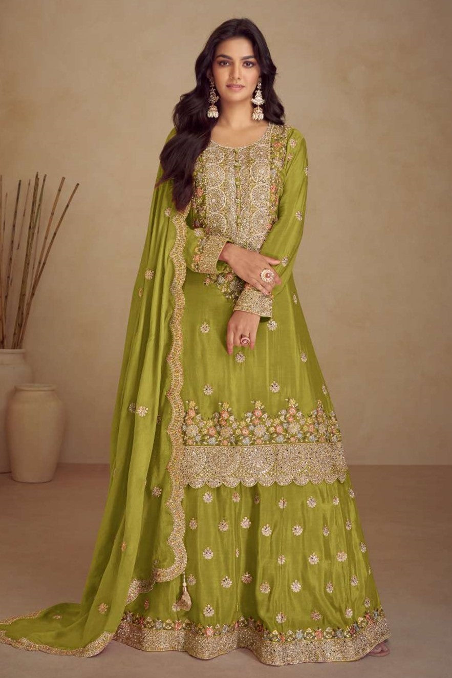 Green Chinon Silk Plazo Dress for Women with Embroidery
