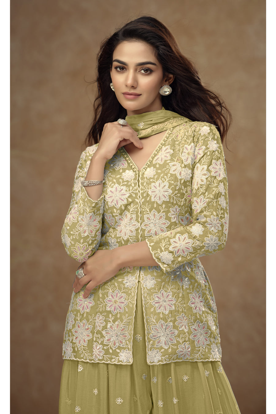 Lemon Chinon Silk Pastel Indian Plazo Suit with Thread Embroidery